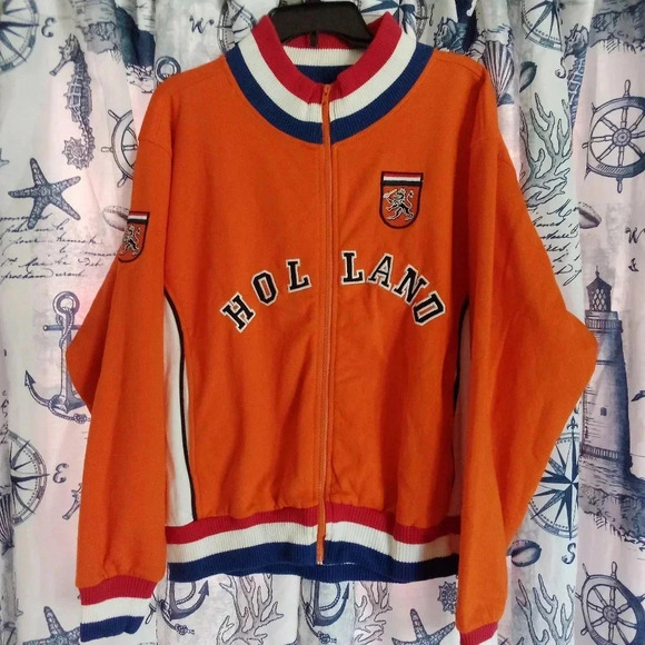Vintage Holland Zip Up Varsity Jacket Orange Blue White Size Medium - Picture 1 of 8